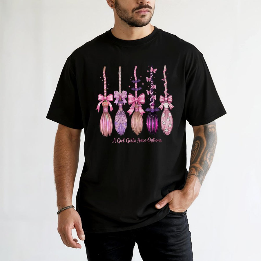 Pink Witch Broom T-Shirt | Coquette Aesthetic Halloween Design | 100% Cotton Premium Tee | Cute Spooky Season Gift For Her