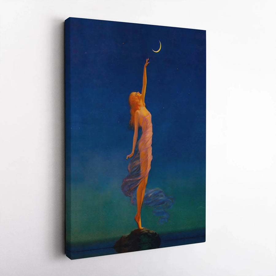 Vintage Celestial Canvas Print | Woman Reaching For Moon Art Nouveau Painting | Premium Gallery Wrapped Wall Art | Collector's Fine Art Home Decor