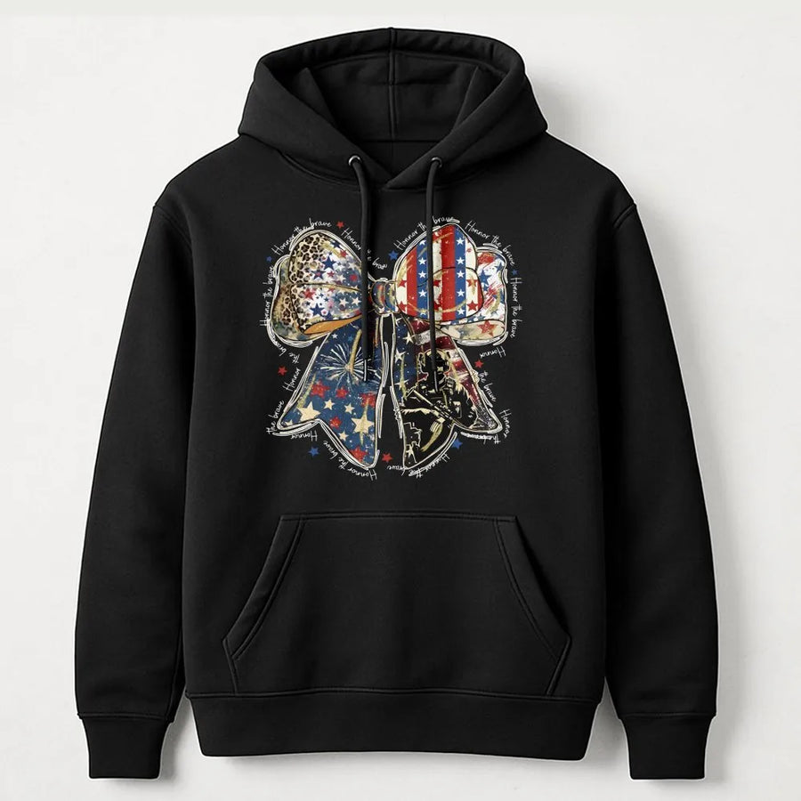 Patriotic Coquette Hoodie | Honor The Brave American Flag Bow Graphic | Soft Unisex Crewneck | Memorial Day & 4th of July Military Gift