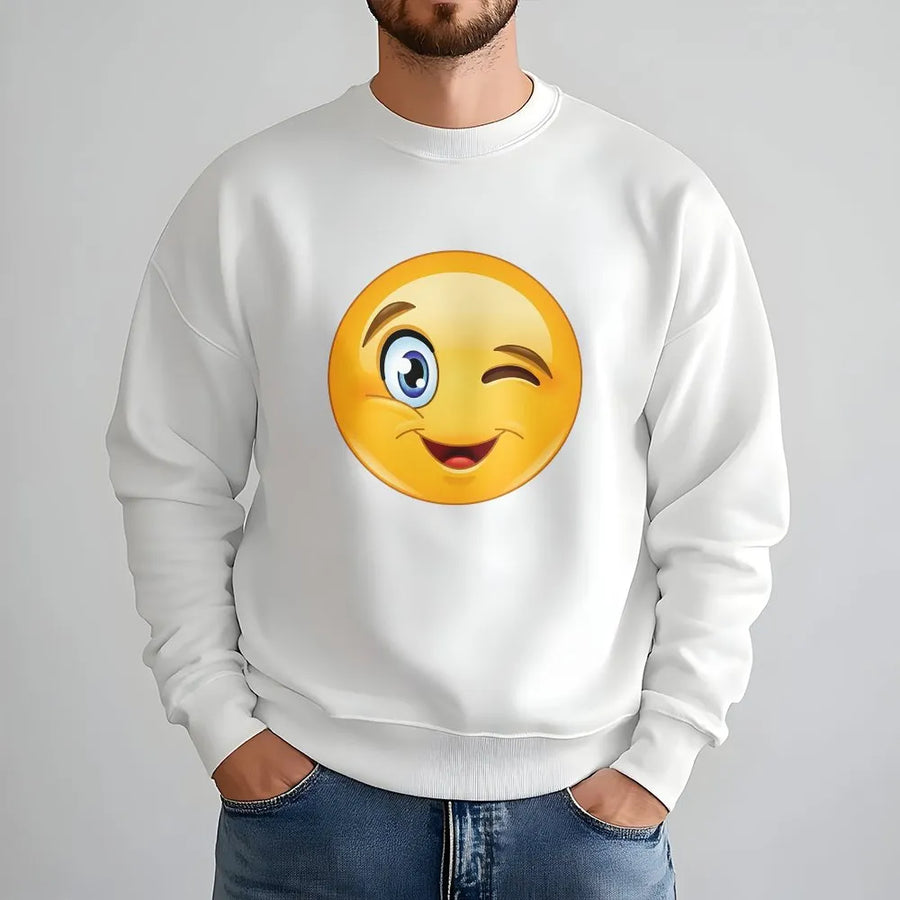 Winking Smiley Face Sweatshirt | Retro Happy Emoji Aesthetic Pullover | Premium Cotton Blend | Gift For Him And Her