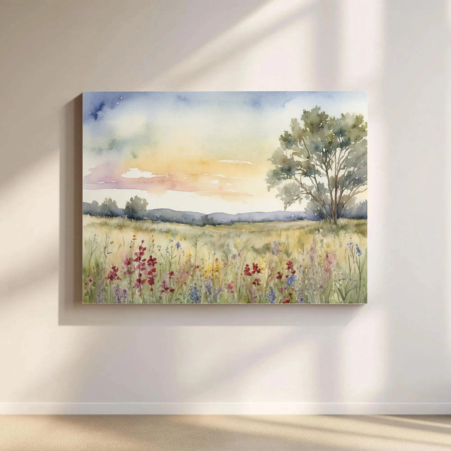 Watercolor Wildflower Meadow Canvas | Pastoral Sunset Painting Print | Premium Thick Gallery Wrap | Modern Farmhouse Decor Gift