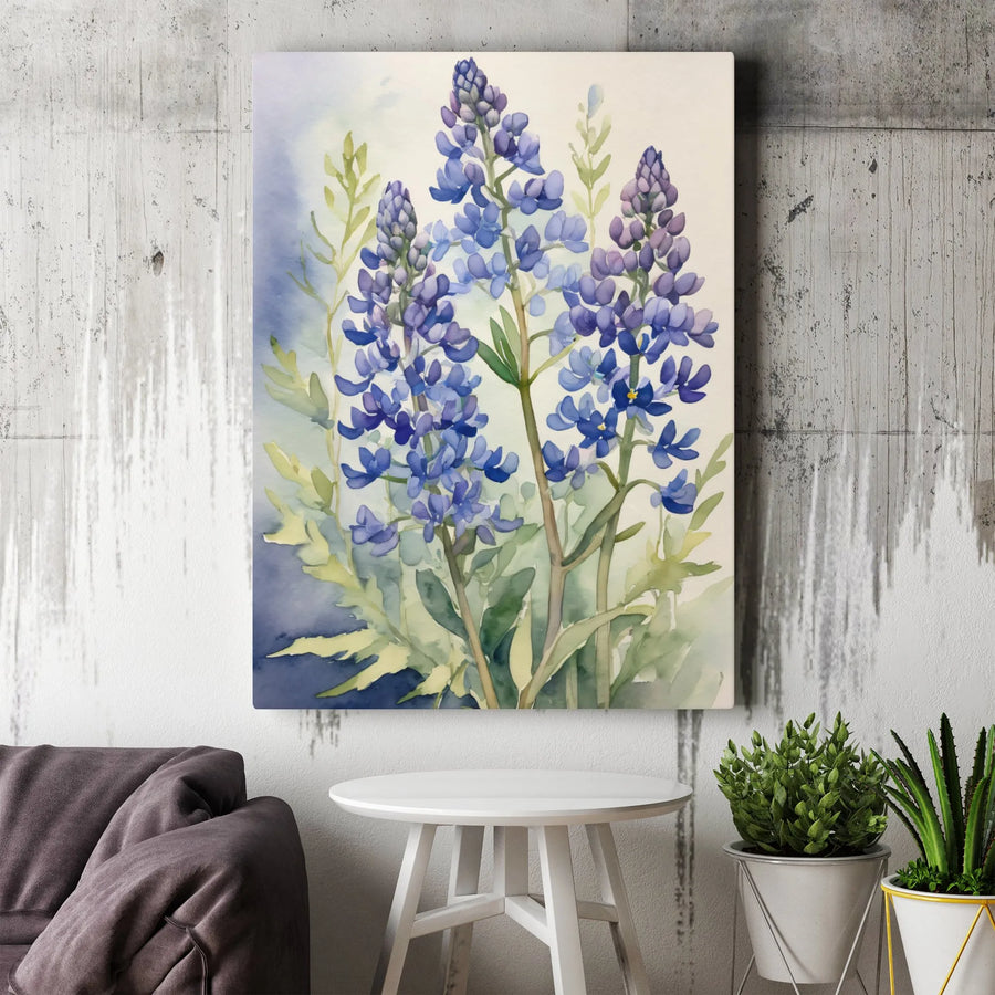 Bluebonnet Watercolor Vertical Canvas | Texas Wildflower Floral Painting | Premium Gallery Wrap Wall Art | Botanical Home Decor Gift