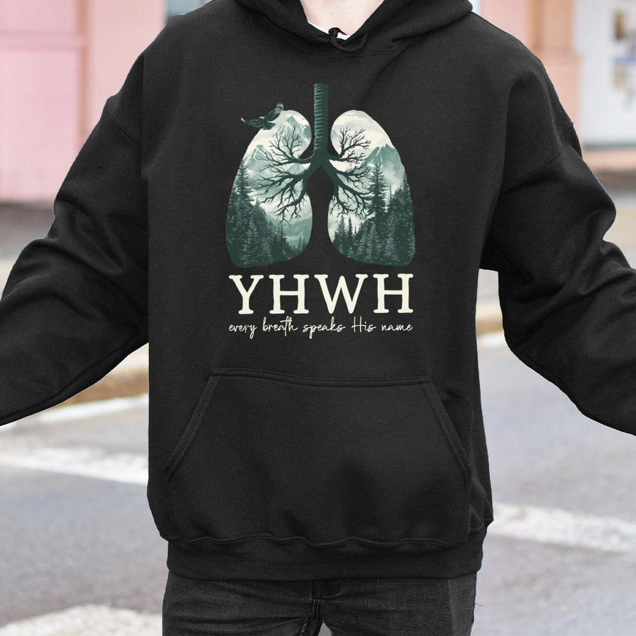 YHWH Lungs Christian Hoodie | Every Breath Speaks His Name Graphic Design | Premium Cotton-Blend Apparel | Faith-Based Religious Gift for Men and Women