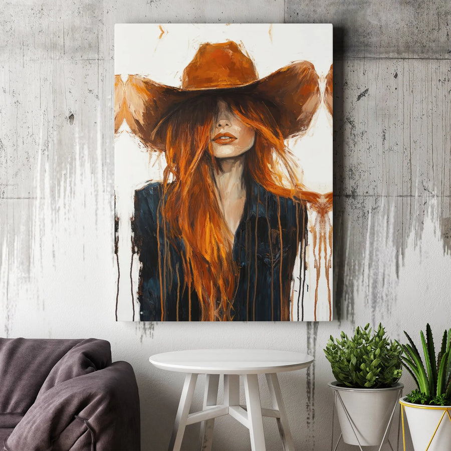 Cowgirl Canvas Wall Art | Abstract Redhead Western Portrait | Premium Gallery Wrapped Print | Rustic Farmhouse Home Decor Gift