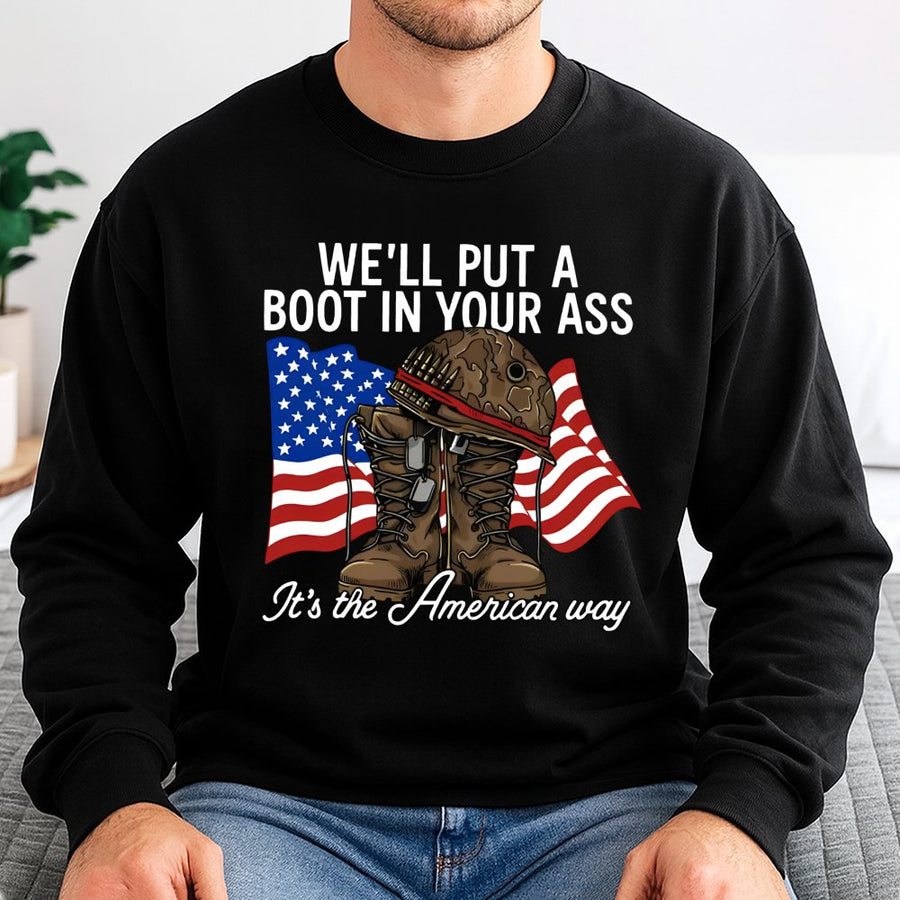 American Flag Military Sweatshirt | Patriotic Army Boot Helmet Graphic | Premium Cotton Blend | Gift for Veterans and Country Music Fans