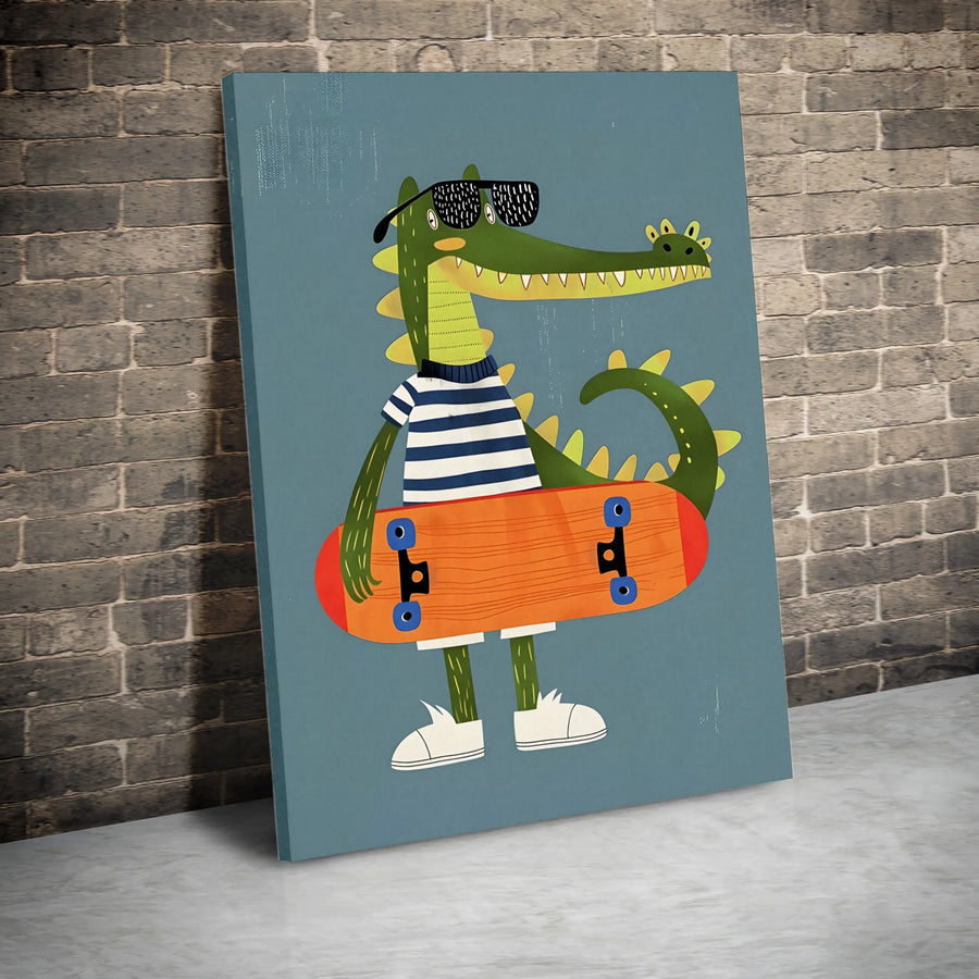 Skater Alligator Wall Art | Cool Crocodile With Sunglasses Graphic | Premium Gallery-Wrapped 1.25" Canvas | Fun Nursery & Kid's Room Decor