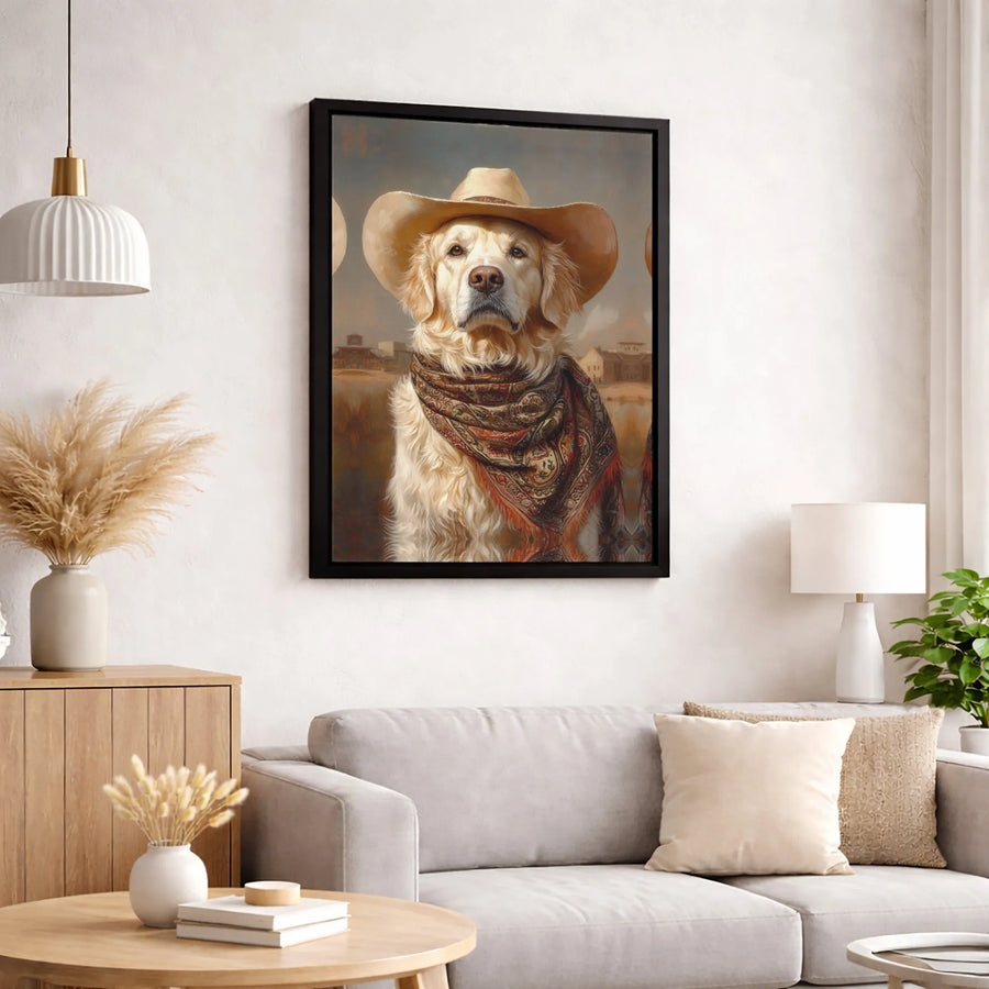 Golden Retriever Cowboy Canvas Print | Western Dog Portrait Wall Art | Premium Gallery-Wrapped Decor | Gift for Dog Lovers & Ranch Home