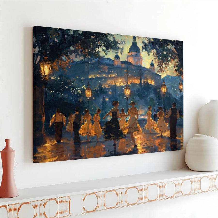 Romantic Cityscape Canvas Wall Art | Impressionist Painting of Couples Dancing | Premium Fade-Resistant Print | Elegant Living Room Home Decor Gift
