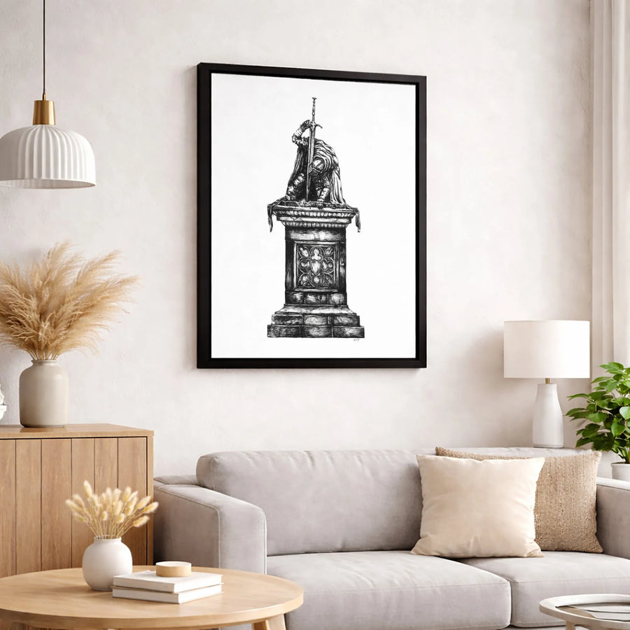 Kneeling Knight Canvas Art | Medieval Sword Gothic Ink Drawing | Gallery Quality Wrapped Print | Fantasy Decor Gift for History Buffs