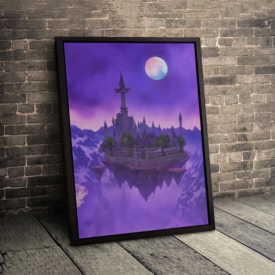 Floating Fantasy Castle Wall Art | Ethereal Purple Moonscape | Premium Gallery Wrap Canvas | Magical Bedroom Decor Gift