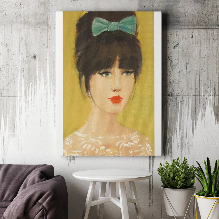 Vintage Woman Portrait Vertical Canvas | Retro 60s Style Art Print with Teal Bow | Premium Gallery Wrapped Canvas | Modern Living Room Decor Gift