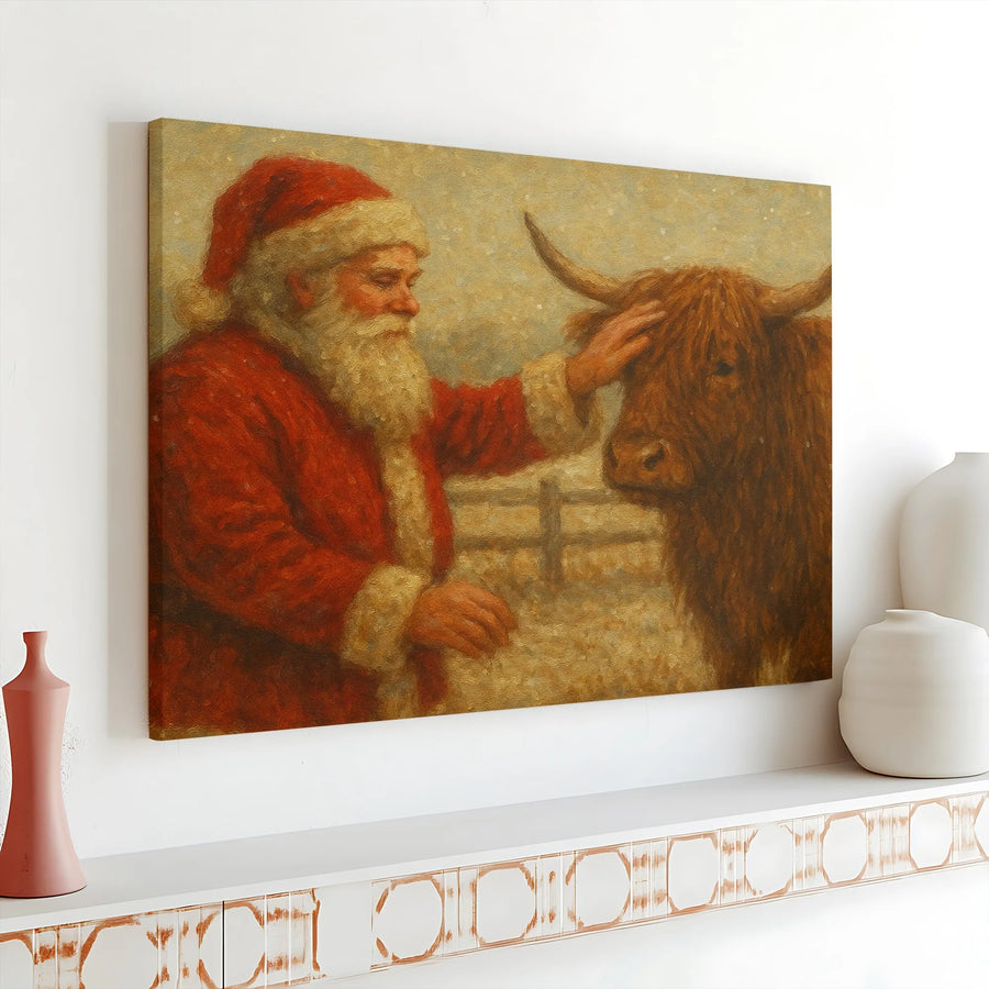 Santa Claus With Highland Cow Canvas Art | Vintage Farmhouse Style Print | Gallery Wrapped Premium Canvas | Christmas Farmhouse Home Decor Gift