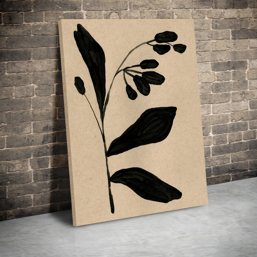 Minimalist Botanical Canvas Wall Art | Black Ink Plant Illustration on Textured Paper | Premium 1.25" Thick Profile | Modern Home Decor Gift