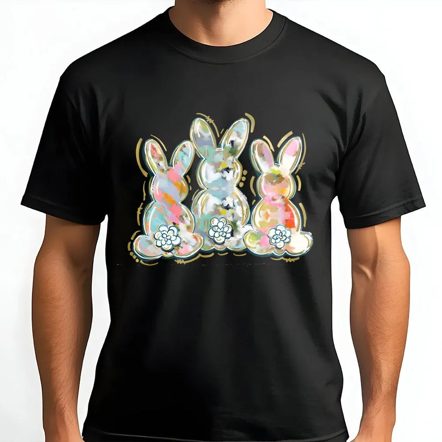 Easter Bunny T-Shirt | Watercolor Brushstroke Trio Graphic | Soft Cotton Blend | Cute Spring Holiday Gift for Women & Teens