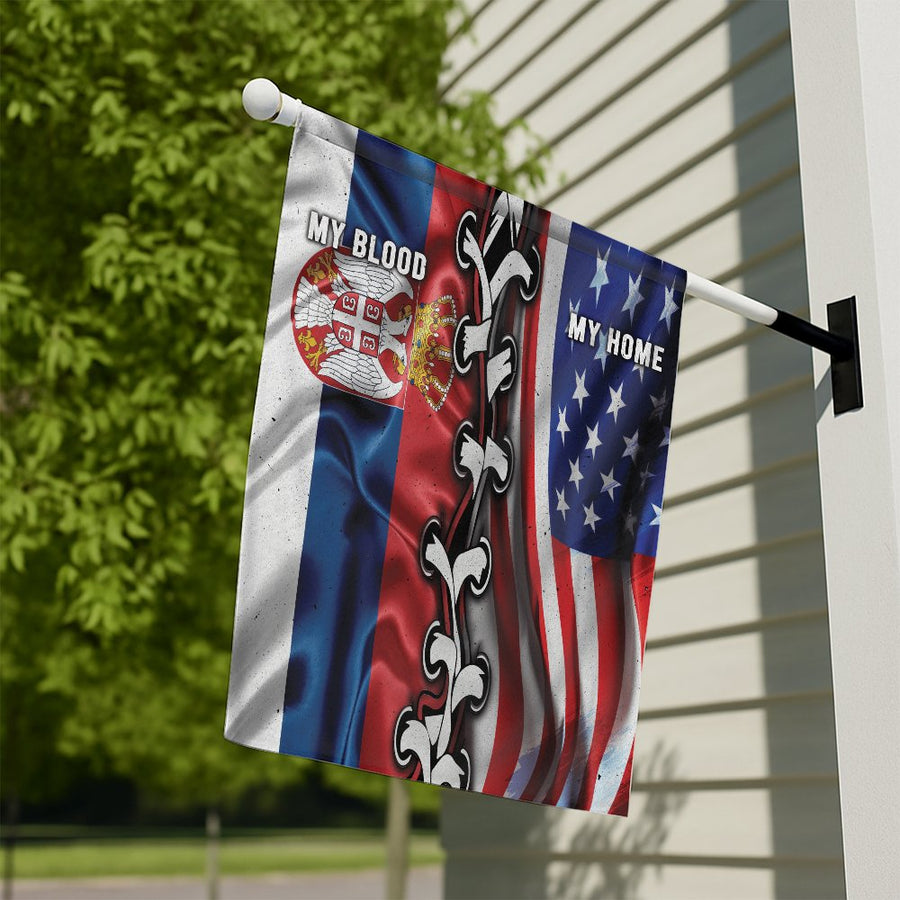 Serbian American Garden Flag | My Blood My Home Dual Flag Design | Weather-Resistant Polyester | Patriotic Gift for Serbian Immigrants
