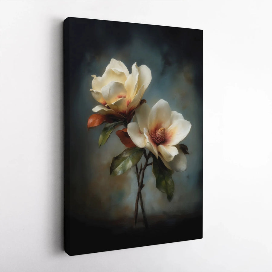Magnolia Flower Canvas Wall Art | Moody Vintage Floral Painting | Premium Gallery Wrapped Canvas | Farmhouse Living Room Decor Gift