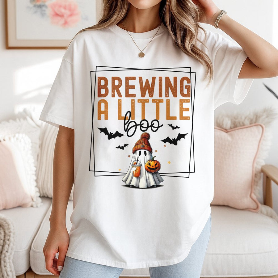 Brewing A Little Boo T-Shirt | Cute Ghost Pumpkin Coffee Design | 100% Cotton Premium Tee | Spooky Halloween Gift for Women