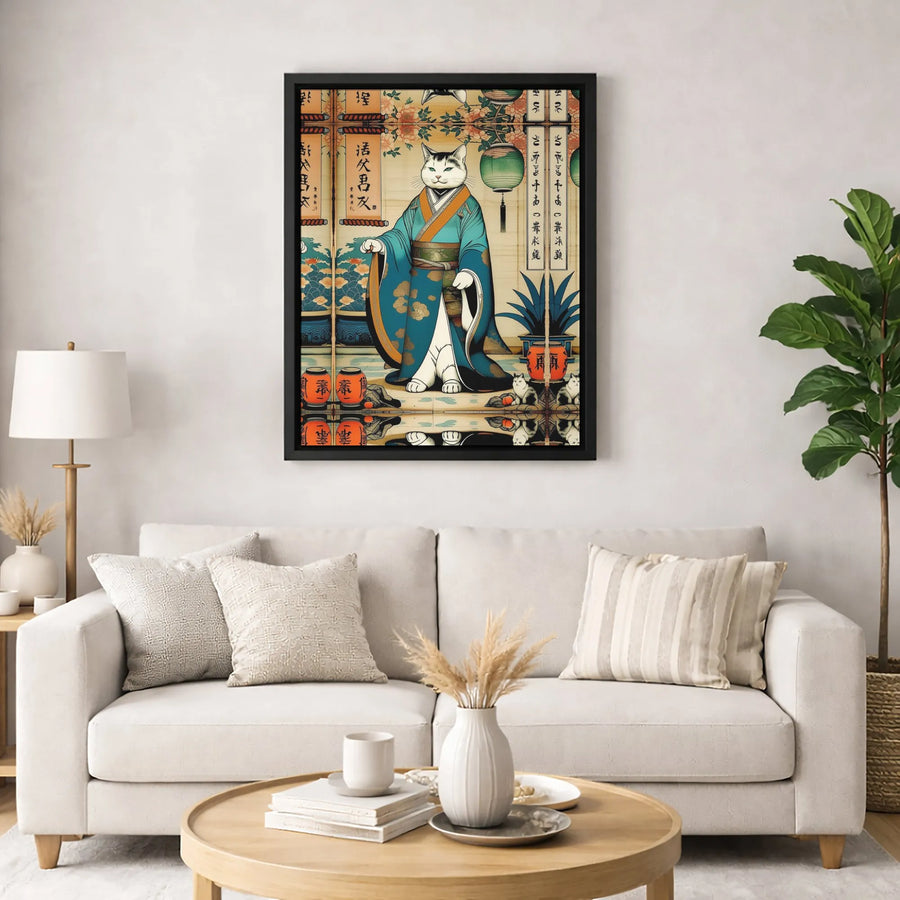 Japanese Cat Wall Art | Ukiyo-E Samurai Kimono Print | Premium Gallery Wrapped Canvas | Whimsical Home Decor Gift for Cat Lovers