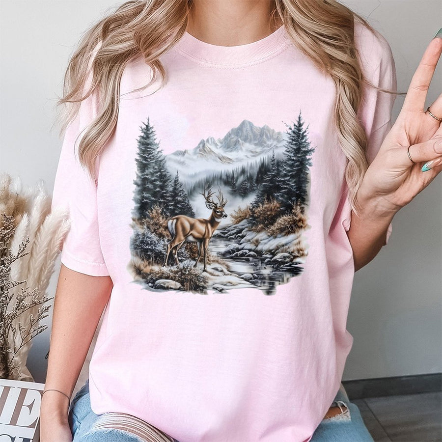 Whitetail Deer Graphic T-Shirt | Winter Mountain Forest Landscape | 100% Cotton Premium Tee | Nature Lover Gift For Him Or Her