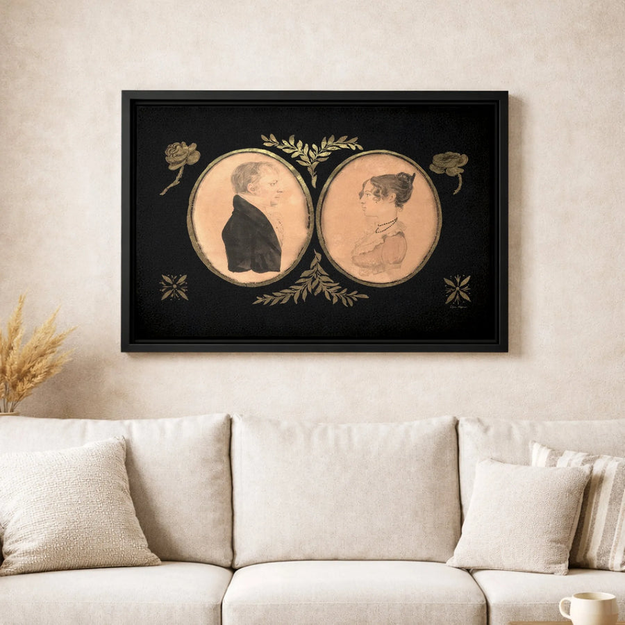 Vintage Couple Portrait Canvas | Regency Era Silhouette Wall Art | Premium Gold Leaf Gallery Print | Romantic Historical Home Decor Gift