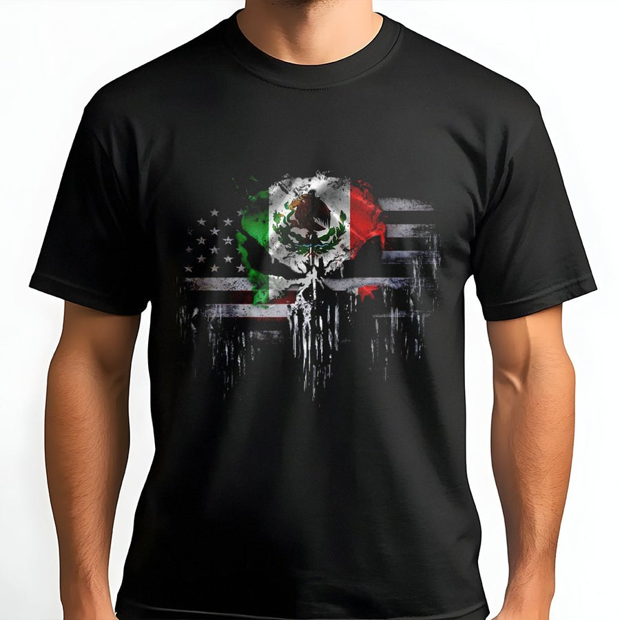 Mexican American Flag Skull T-Shirt | Distressed Heritage Graphic Tee | 100% Cotton Premium Quality | Gift for Mexican Heritage Pride Month