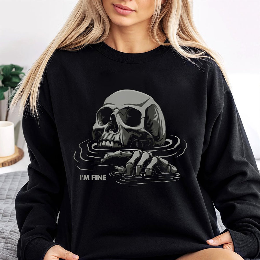 I'm Fine Drowning Skull Sweatshirt | Funny Skeleton Gothic Graphic Print | Premium Soft Cotton Blend | Aesthetic Unisex Gift for Men and Women