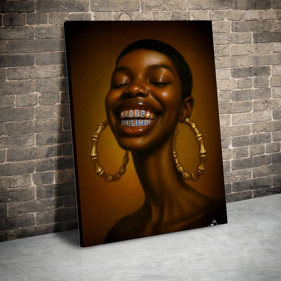 Black Woman Canvas Art | Gold Bamboo Earrings Portrait | Premium Fade-Resistant Print | African American Home Decor Wall Art