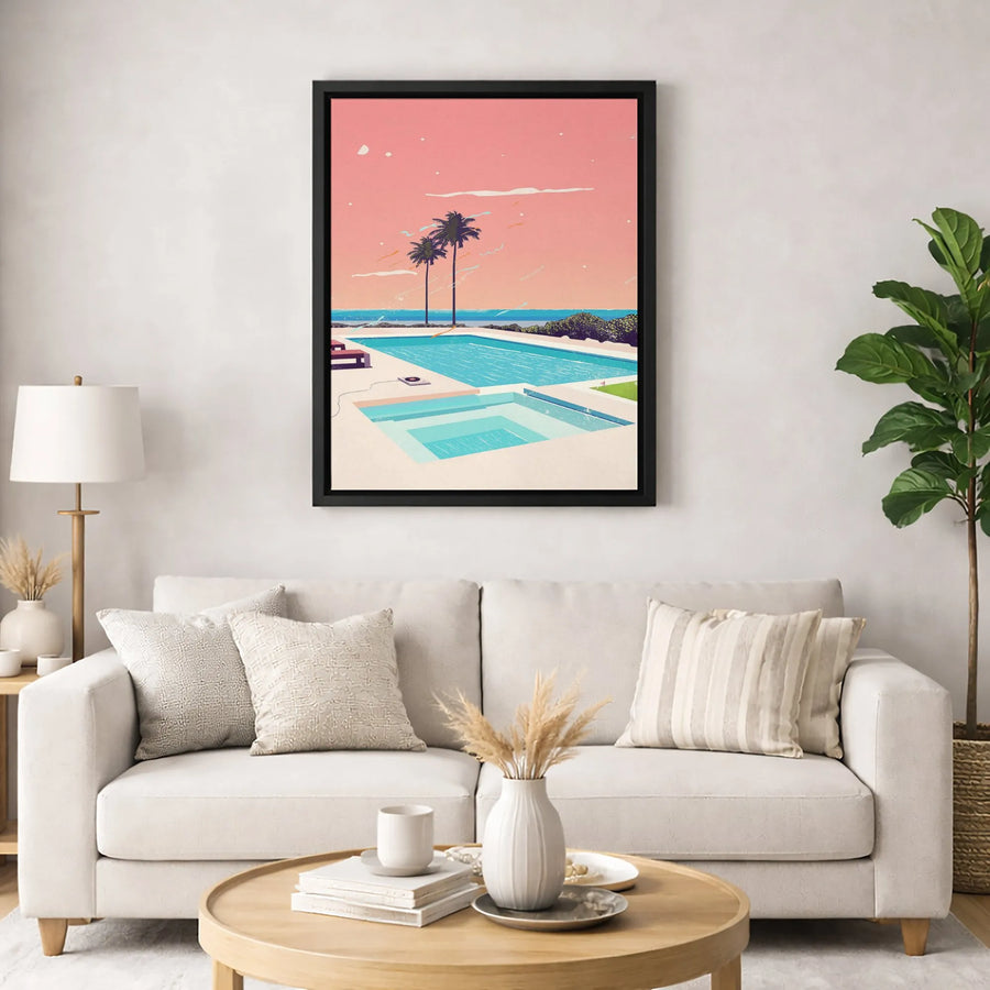Retro Poolside Canvas Art | Palm Tree Aesthetic Wall Decor | Premium Fade-Resistant Gallery Wrap | Modern Summer Home Gift