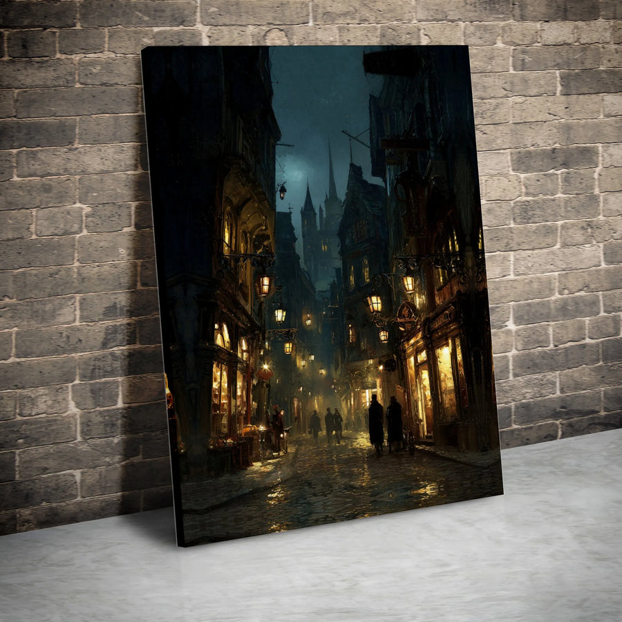 Gothic Victorian Street Canvas Wall Art | Dark Moody Cobblestone Alleyway Print | Premium Gallery-Wrapped 1.25" Profile | Atmospheric Home Decor