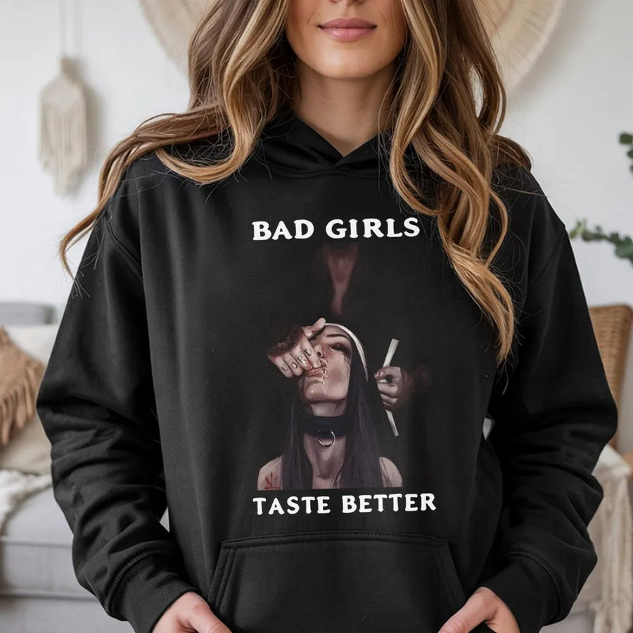 Bad Girls Taste Better Hoodie | Edgy Nun Aesthetic Graphic Print | Premium Cotton Blend | Alternative Streetwear Gift for Women and Men