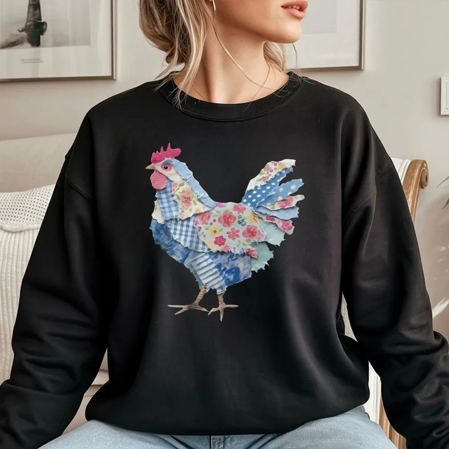 Farmhouse Chicken Sweatshirt | Vintage Faux Patchwork Hen Graphic | Comfort Colors Pullover | Country Style Easter Gift for Her
