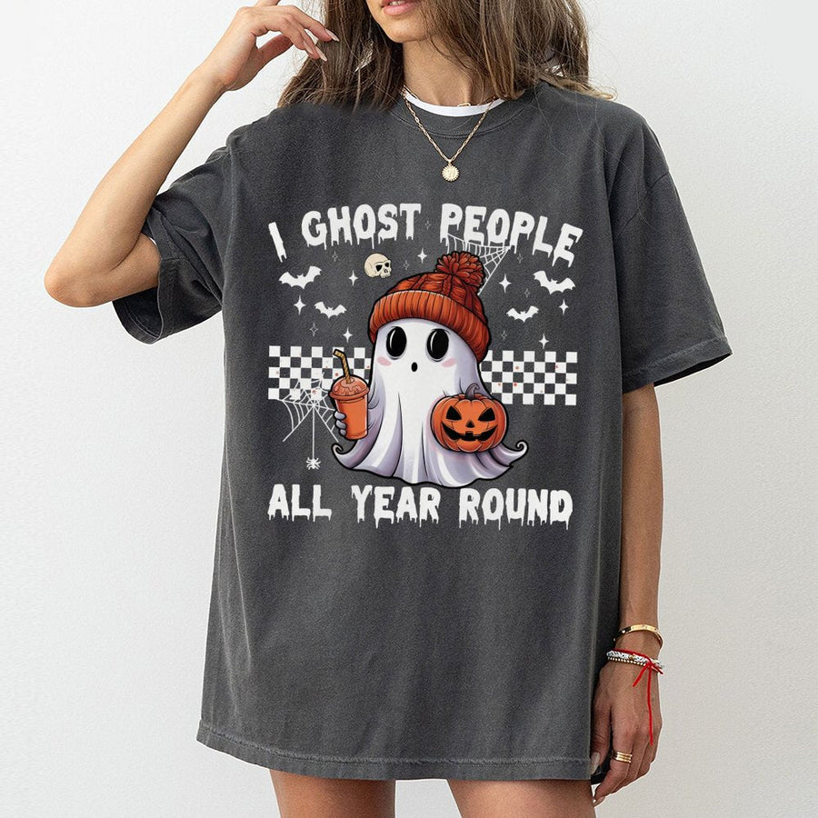 I Ghost People All Year Round T-Shirt | Cute Spooky Pumpkin Beanie Graphic | 100% Cotton Premium Tee | Funny Halloween Gift for Ghost Lovers