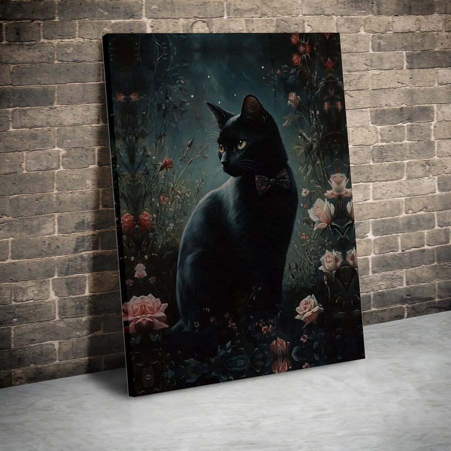 Black Cat Wall Art | Whimsical Bow Tie Garden Portrait | Gallery Quality Canvas Print | Elegant Home Decor Gift For Cat Lovers
