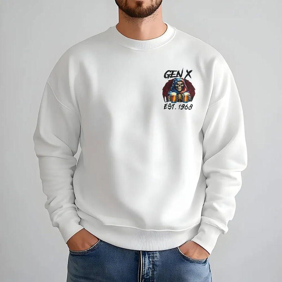 Gen X Sweatshirt | Funny Skull Beer Graphic EST. 1968 | Premium Cotton Blend | Nostalgic Birthday Gift for Men & Women