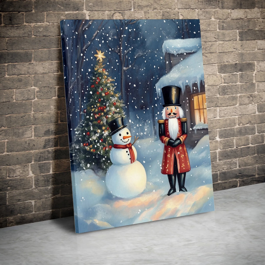 Nutcracker And Snowman Christmas Wall Art | Whimsical Snowy Winter Scene | Premium Gallery Wrap Canvas | Holiday Decor Gift For Home