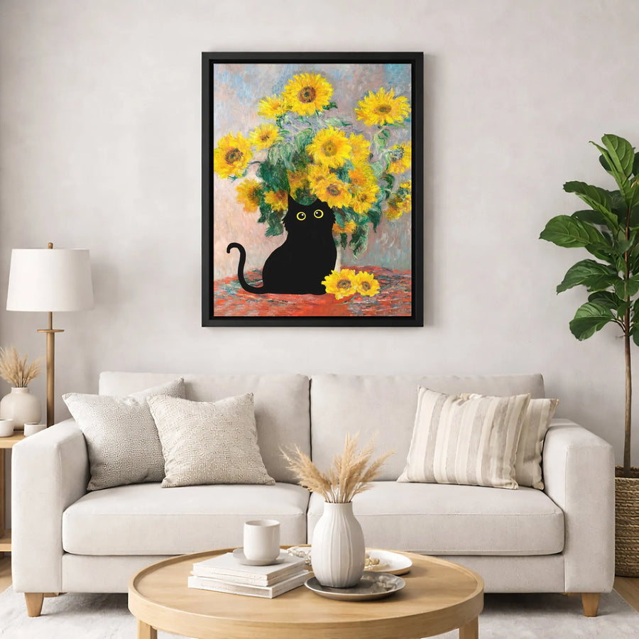 Black Cat Sunflower Canvas Art | Impressionist Monet Style Print | Gallery-Quality 1.25 Inch Wrap | Quirky Cat Lover Gift Wall Decor