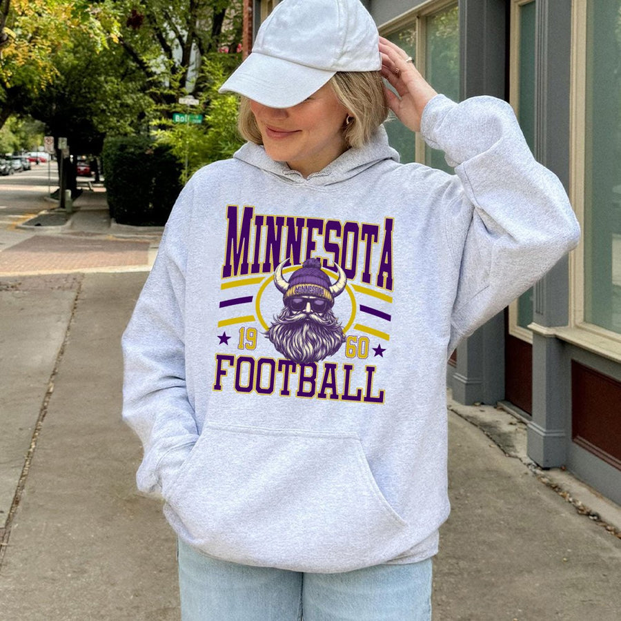 Minnesota ★ 19 60 ★ Football Featuring A Viking Mascot With A Long Beard Wearing A Purple Horned Beanie And Sunglasses Hoodie