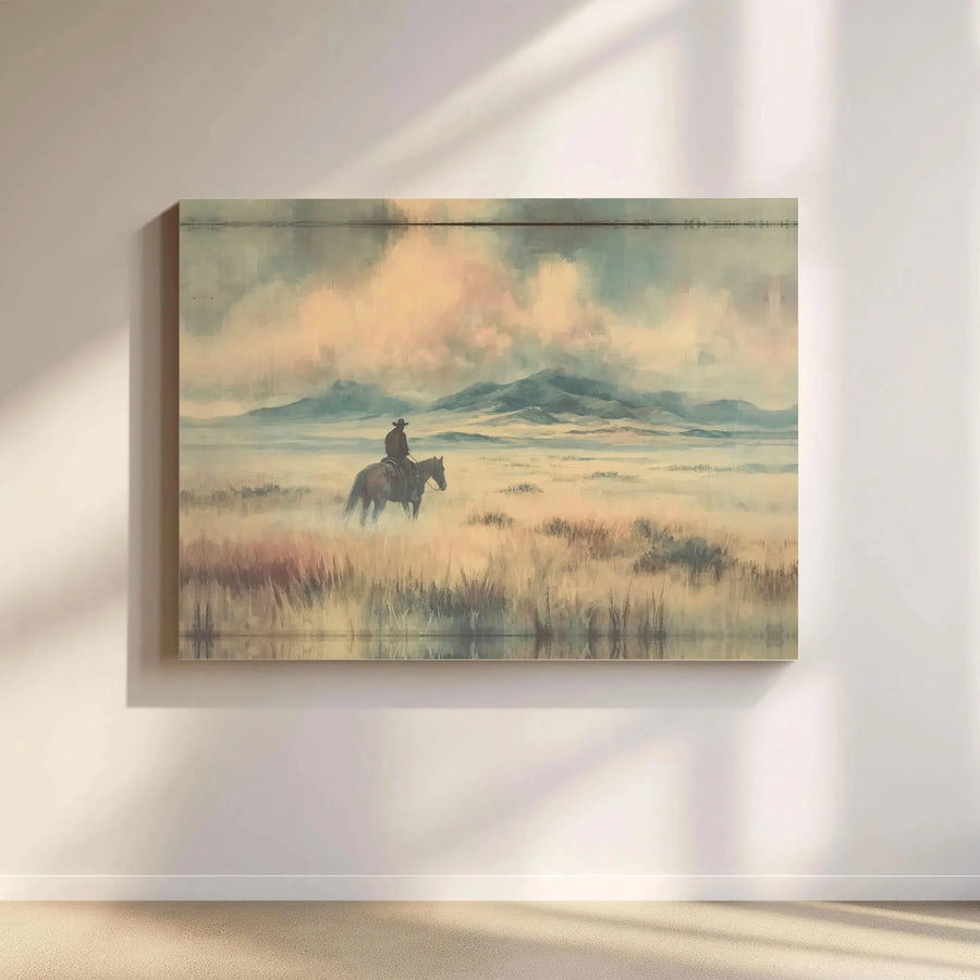 Western Cowboy Wall Art | Misty Landscape Horse Painting | Premium Stretched Canvas Print | Rustic Home Office Decor Gift
