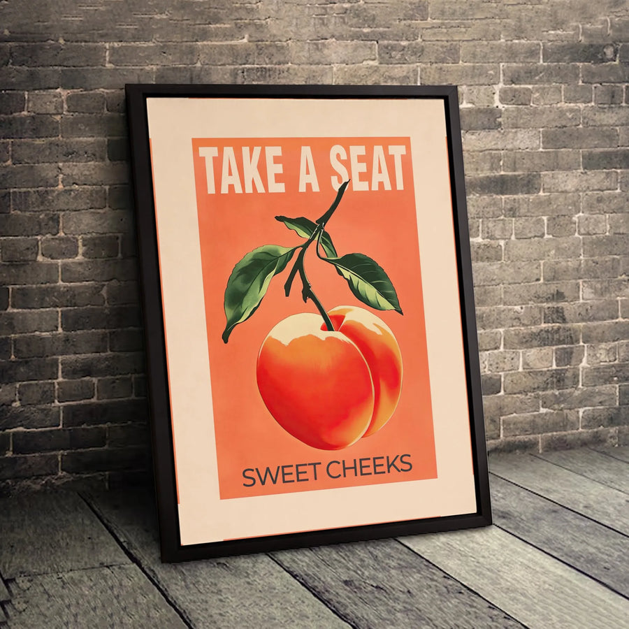 Take A Seat Sweet Cheeks Wall Art | Retro Peach Illustration Print | Premium Gallery Wrap Canvas | Funny Bathroom Decor for Home Office