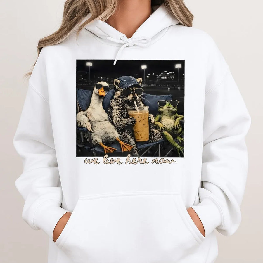 We Live Here Now Hoodie | Funny Goose Raccoon Frog Graphic | Soft Unisex Crewneck | Gift for Baseball Mom, Ballfield Life Apparel