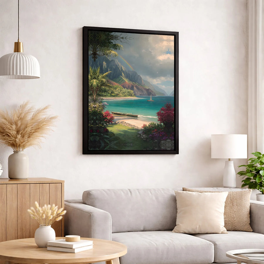 Tropical Beach Canvas Wall Art | Na Pali Coast Seascape with Rainbow | Premium Gallery Wrap Print | Coastal Home Decor for Living Room