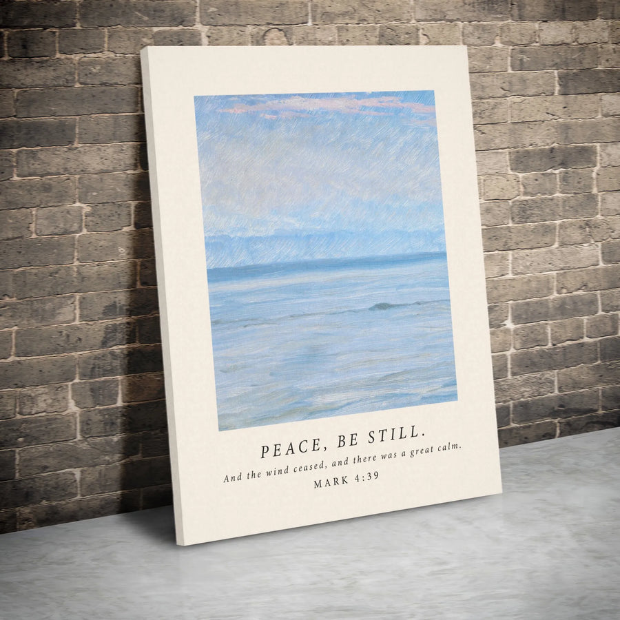 Peace Be Still Bible Verse Canvas | Mark 4:39 Scripture Wall Art | Premium Coastal Landscape Print | Christian Home Decor Gift