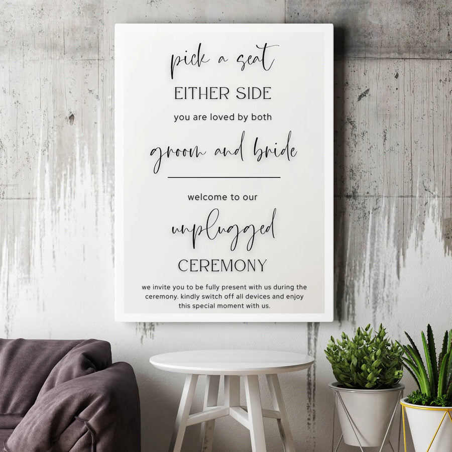 Unplugged Ceremony Wedding Sign | Pick A Seat Either Side Minimalist Canvas | Gallery Quality Decor | Modern Wedding Welcome Sign Gift