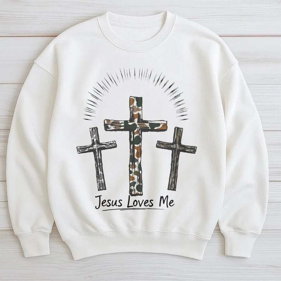 Jesus Loves Me Camo Cross Sweatshirt | Faith Based Religious Hunting Apparel | Soft Cotton Blend Unisex Pullover | Christian Gift For Men And Women