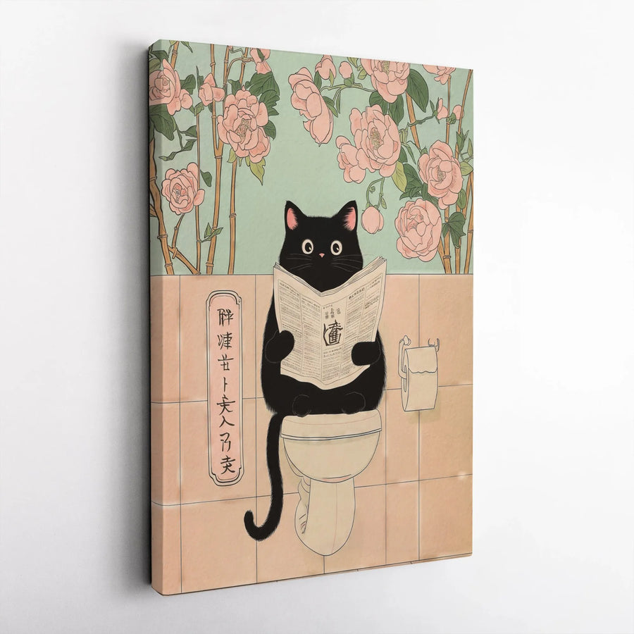 Black Cat Bathroom Wall Art | Funny Japanese Ukiyo-e Print | Premium Canvas Decor | Whimsical Gift For Cat Lovers
