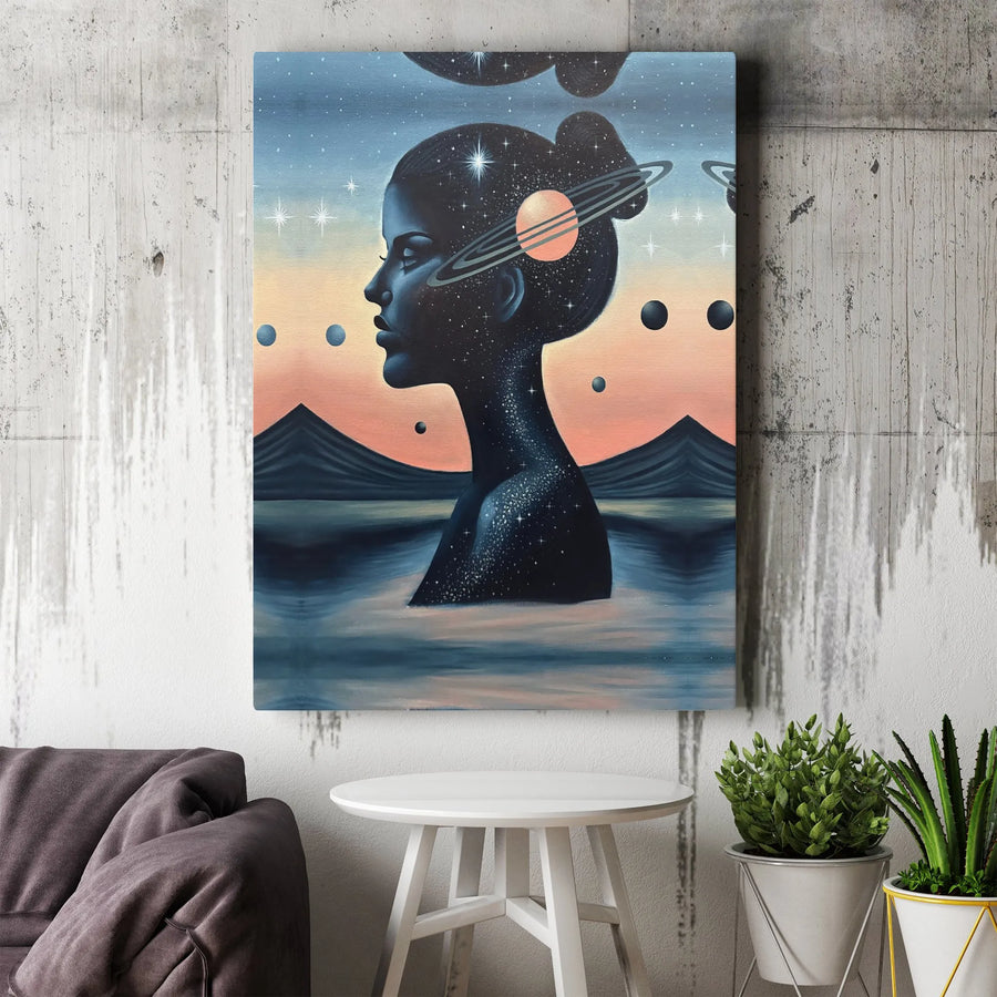 Cosmic Woman Canvas Art | Surreal Galaxy Silhouette Print | Premium Gallery Wrap Canvas | Spiritual Home Decor Gift