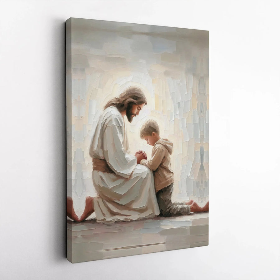 Jesus and Praying Boy Canvas Print | Impressionist Religious Wall Art | 1.25 Inch Gallery Wrap | Christian Home Decor Gift for Nursery or Church