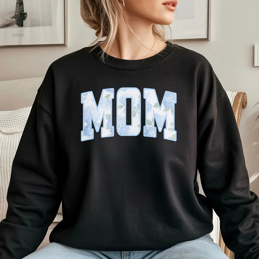 Floral Mom Sweatshirt | Blue Hydrangea Varsity Letter Print | Soft Cotton Blend | Preppy Mother's Day Gift for New Mom