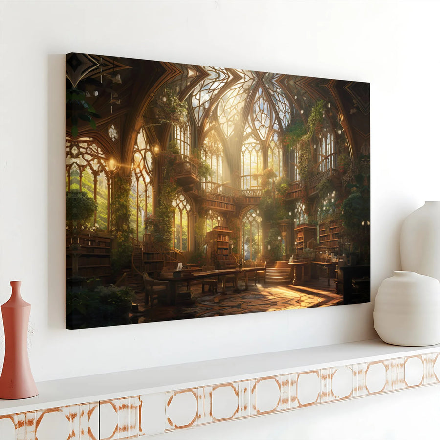 Enchanted Library Canvas Wall Art | Sunlit Magical Athenaeum Illustration | Premium Gallery Wrap Print | Book Lover Fantasy Reader Gift