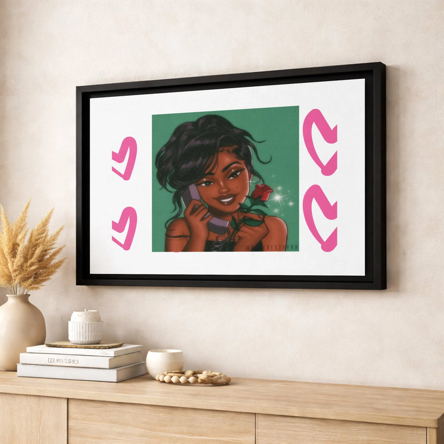 Black Woman Illustration Canvas | Romantic Rose and Phone Aesthetic Art | Premium Gallery-Wrapped Print | Wall Decor for Her Bedroom or Living Room